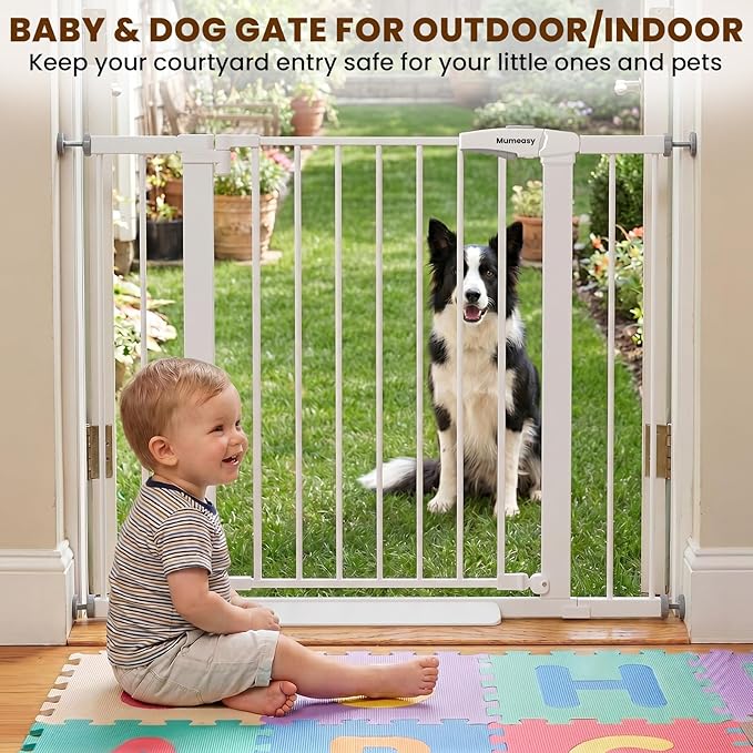 Mumeasy 29.7-40.6" Baby Gate for Stairs, Auto Close Dog Gate for Doorways, Pressure Mounted No Drill Pet Gate with Easy Walk Thru Door, Double Lock, White