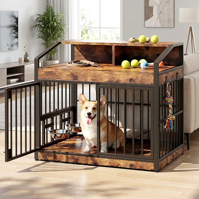 IRONCK Dog Crate Furniture with 360° Rotatable Bowls, 39.4" Wooden Dog Kennel Indoor with Top Storage Shelves, Heavy Duty Decorative Pet Crate End Table with 4 Hooks for Medium Dogs, Rustic Brown