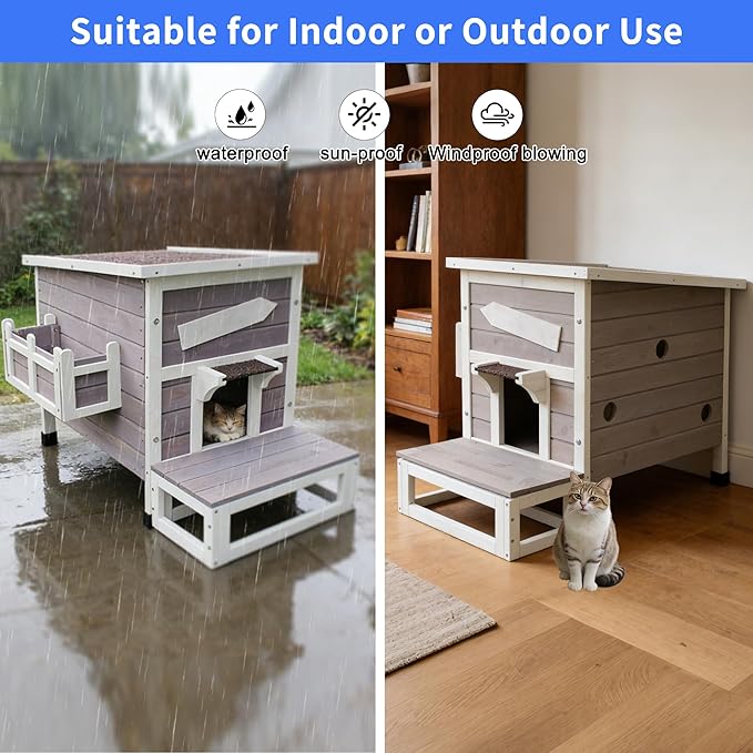 Rockever Outdoor Cat House, Large Outdoor Houses for Feral Cats Wooden Outside Cat Shelter Weatherproof with Escape Door