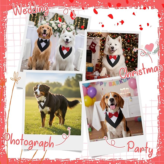 Gilprop 4 Pcs Formal Dog Outfit Dog Tuxedo Sets with Bowtie Wedding Dogs Bandana Collar with Nylon Leash Wedding Outfit Suit Adjustable Pet Party Costumes for Birthday(Black,Red,Medium:16"-19.5")