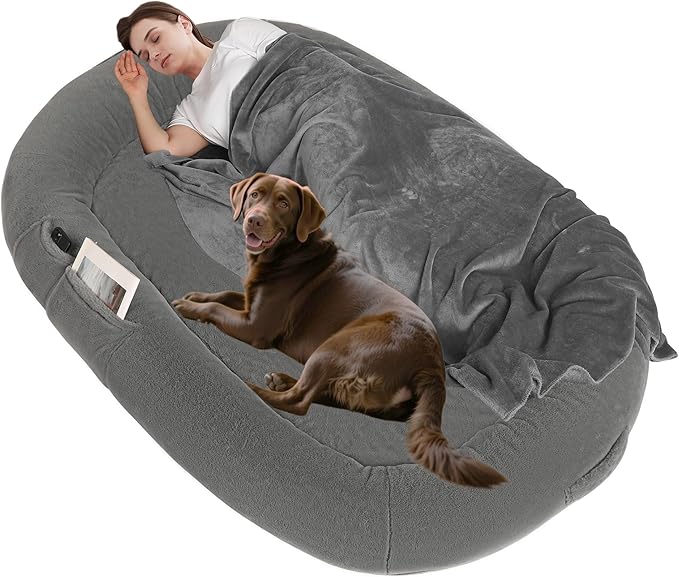 Human Dog Bed with Blanket, 71"x47.2"x9" Extra Large Fits Adult & Pets, Reversible Orthopedic Gel Memory Foam Cushion, Washable Faux Rabbit Fur, Plump Edge, Storage Pocket, Cement Grey