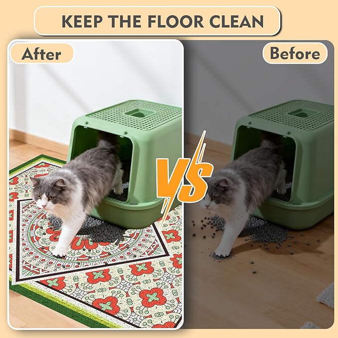 Bohemian Kitty Litter Mat 24"x17",Non-Slip Litter Box Mat, Washable Cat Litter Rug Catcher,Double-Layer Litter Trapping Mat for Scatter Control, Easy Clean Cat Food Mat & Floor Protector