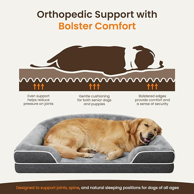 Orthopedic Dog Bed for Extra Large Dogs, 45 x 30 Inch Waterproof Egg Crate Foam XL Dog Couch Bed with Sides, Washable Removable Cover, Non Slip Bottom, Dark Grey