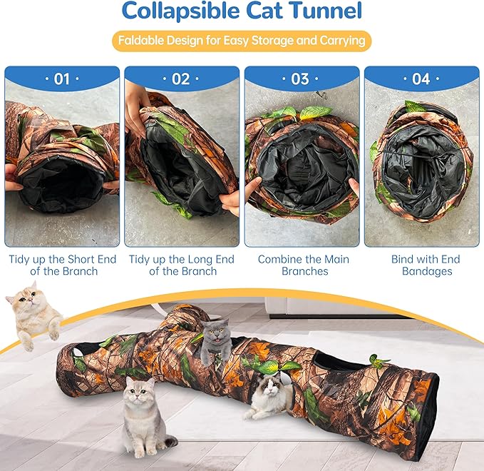 Cat Tunnel,Under Christmas Tree 59" Large Y-Shape Cat Cave with 3 Rustle Channels & Leaves, Portable Cat Bed Toy for Indoor Kittens & Small Pets to Chase and Play, Easy Storage (Brown)