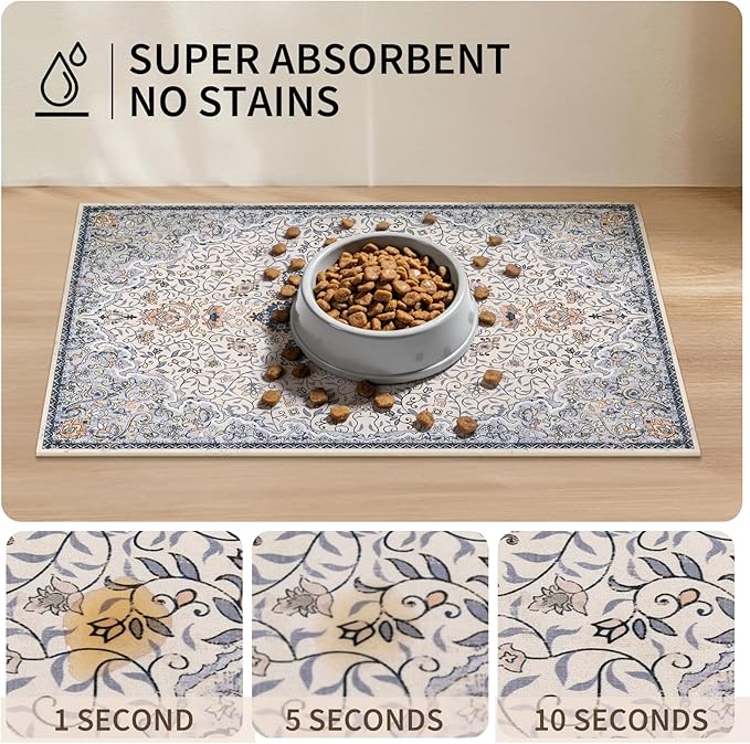 Boho Dog Feeding Mat, Absorbent Cat Matt for Food, Non Slip Pet Water Bowl Placemat Small for Floor, Cream & Blue & Terracotta Indoor Dog Eating Dish Mat 12"x20"