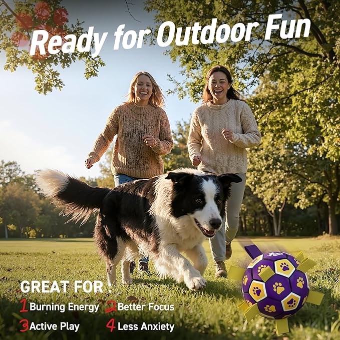 QDAN Dog Ropes Toys, Soccer Ball with Straps, Interactive Dog Toys for Tug of War, Dog Water Toy, Durable Balls for Medium Large Dogs（8 Inch）