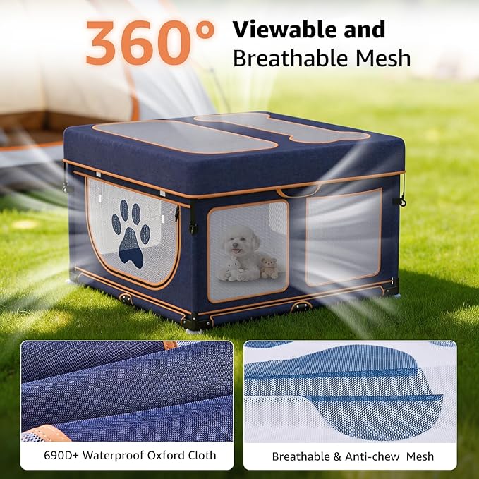 LOOBANI Foldable Dog Playpen Outdoor: 1 Min Setup Pet Puppy Playpen Indoor with Cover & Bag, Portable Dog Fence for Yard, RV Camping, Travel-43.3"x43.3"x27.1"│Patented (Blue+Yellow)