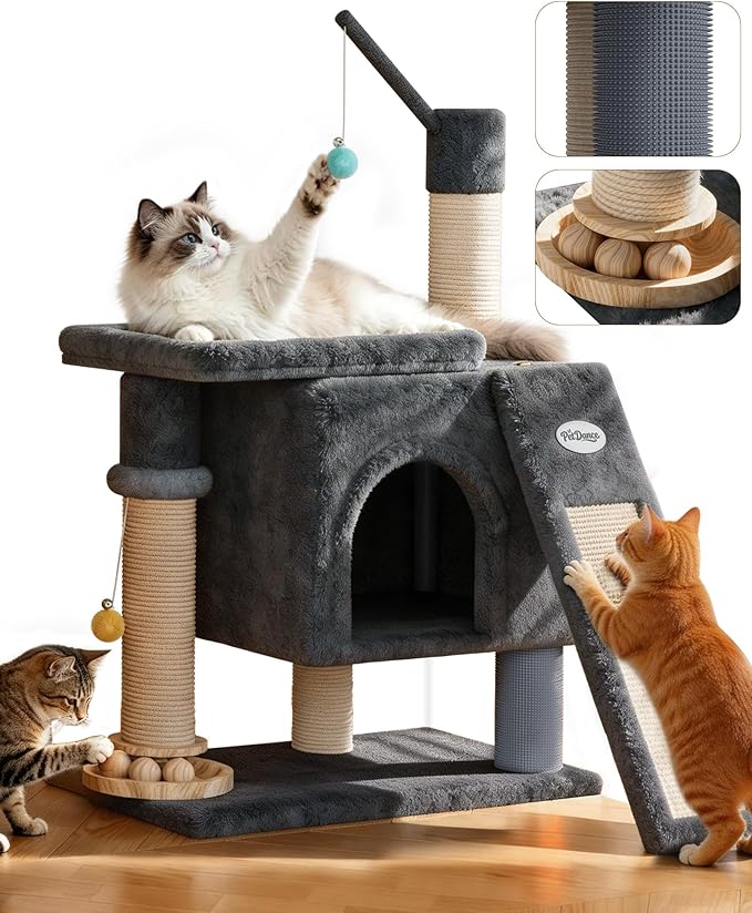 【Scratch & Playhouse】 PetDance Small Cat Tree Tower with Scratching Posts【100% Natural Sisal】, Wood Track Ball Toy & Self-Grooming Brush for Bored Indoor Cats, Onyx Gray
