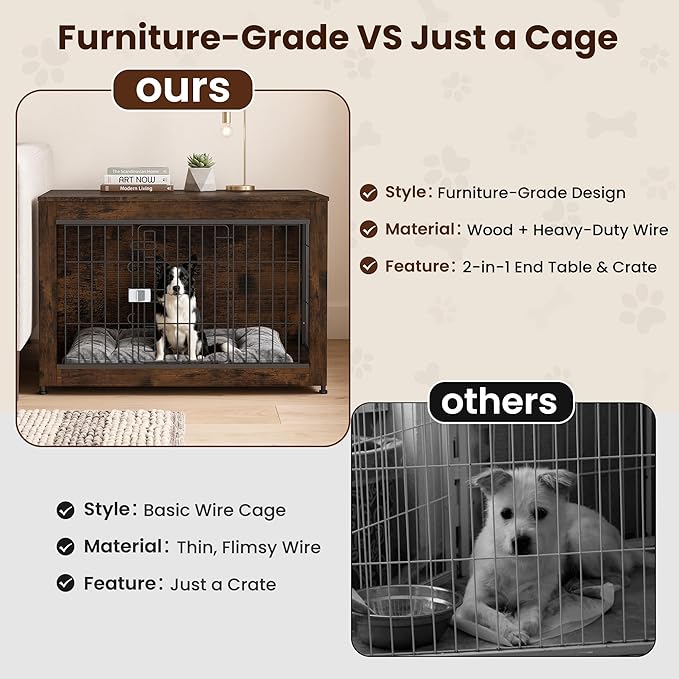 Wooden Dog Crate Furniture, 38in Dog Cage Furniture with Slide Safety Latch, Indoor Decorative End Table for High Anxiety Dogs, Furniture Style Dog Crate for Medium to Large Dogs, Aged Black