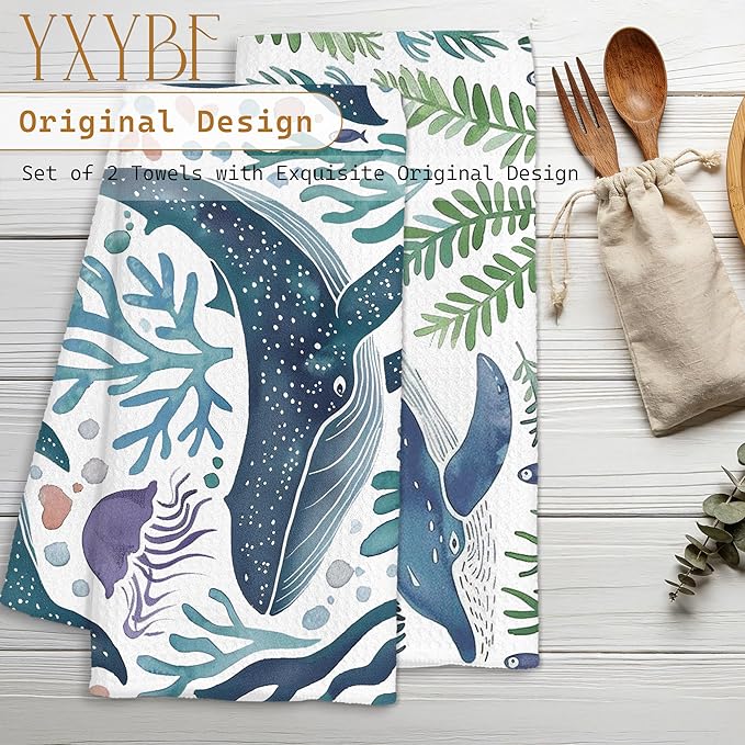 Blue Whale Nautical Coastal Hand Dish Tea Towels for Kitchen Bathroom Decor 16x24 Inches, Coastal Bathroom Decor, Ocean Marine Life Beach Kitchen Towels Decorative Set of 2