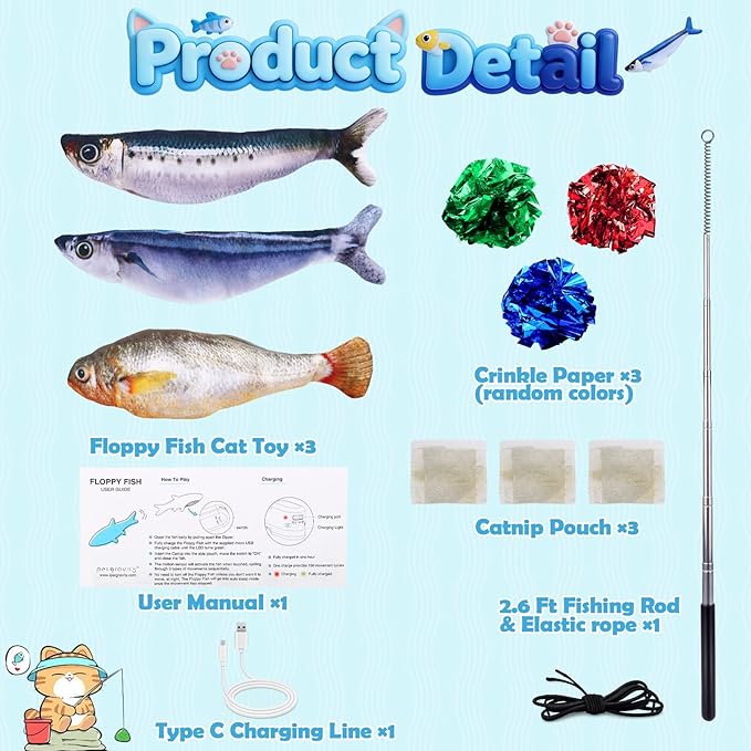 3PCS Interactive Cat Toy Floppy Fish Cat Toy with Crinkle Paper & Fishing Pole, Moving Cat Toys for Indoor Cats Boredom Relief, Rechargeable Automatic Touch-Activated Toys for Interactive Fun