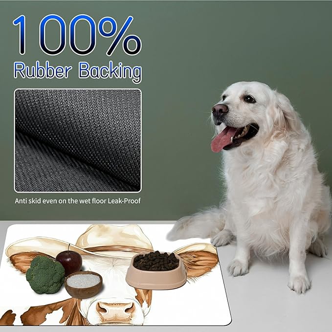 Dog Food Mat, 15.7" x 23.6" Absorbent Pet Feeding Mat for Food and Water, Waterproof Diatom Mud Pet Placemat with Non-Slip Rubber Backing, Easy Clean Cat Bowl Mat for Floors - Hat Cow