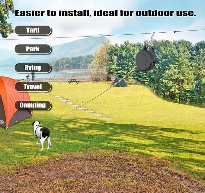30ft Dog Tie Out Cable and Retractable Dog Leash, 2-in-1 Lead for Zipline, Aerial Run Cable Trolley Or Anchor, No Tangle Retractable Tie Out Reel for Camping Or Yard
