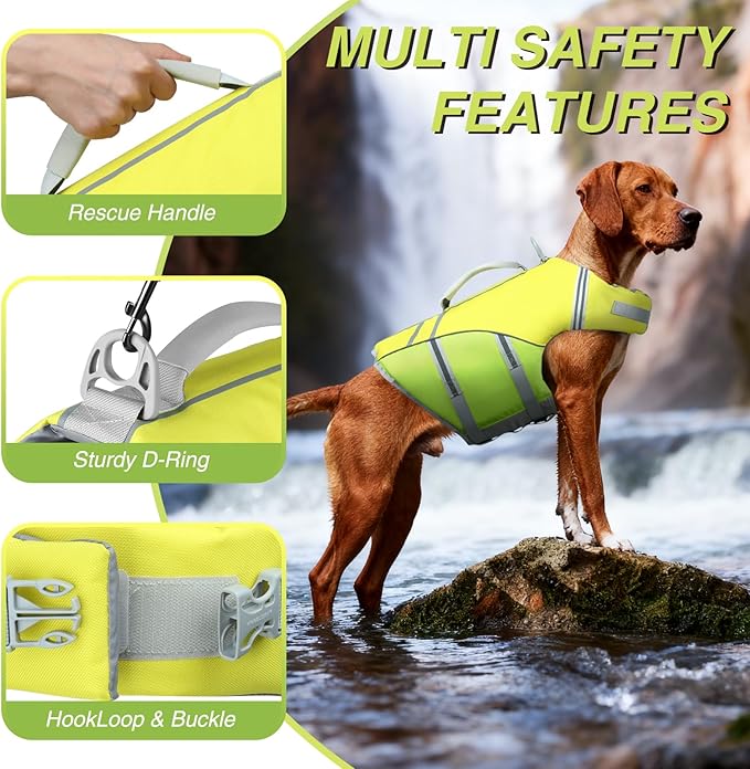VIVAGLORY Sports Style Dog Life Vest, Dog Life Jacket for Swimming & Boating, Ripstop & Buoyancy for Puppy Doggy, Lifejacket with Handle, M, Yellow Grey