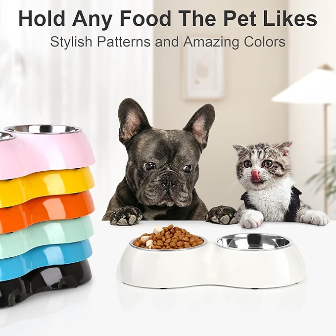 Stainless Steel Dog Bowls Set – Dual Non-Slip Pet Dishes with 2 Small (4oz*2) Bowls & Durable Resin Stand,Food & Water Feeder for Kittens– White