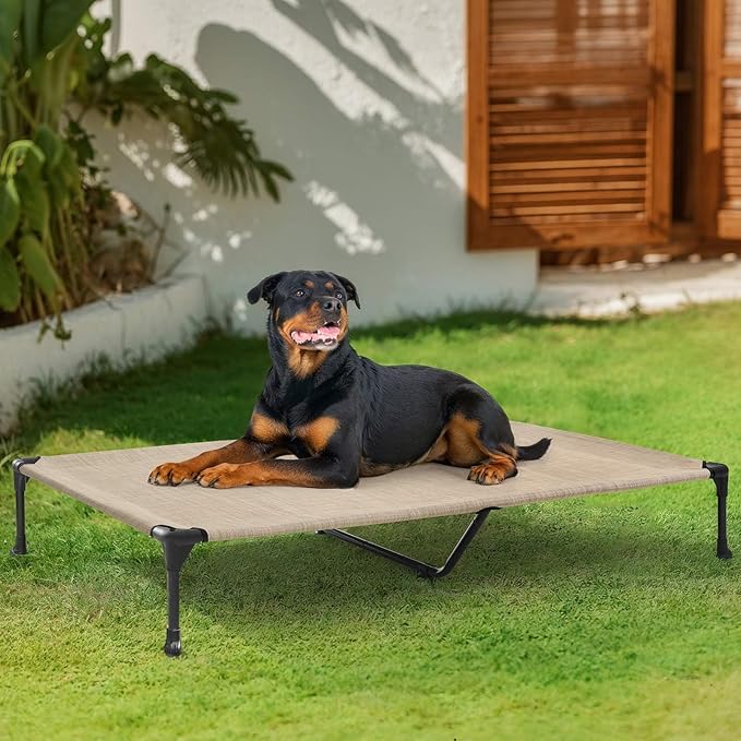 Veehoo Outdoor Elevated Dog Bed Large Sized Dogs, Extra Large Cooling Raised Dog Cots Beds Training Platform Off Ground Hammock with Breathable Mesh, No-Slip Feet, 53"x37", Beige Coffee