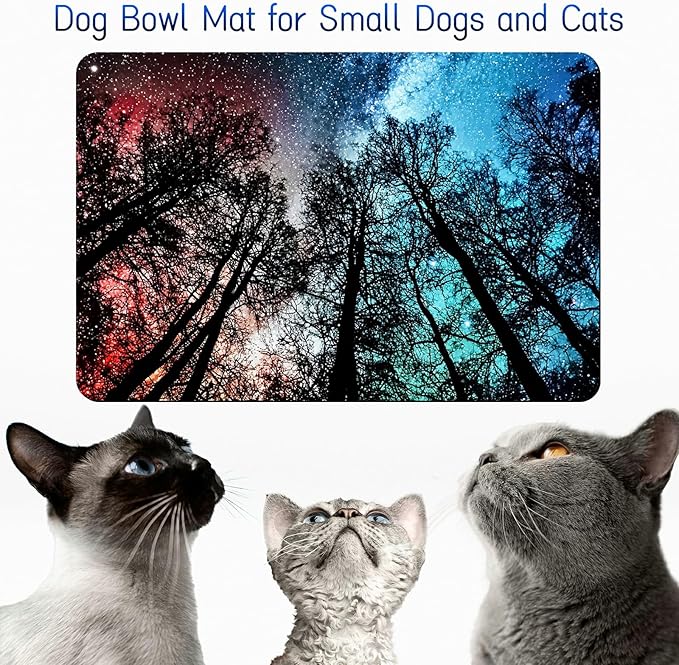 Dog Food Mat, 15.7" x 23.6" Absorbent Pet Feeding Mat for Food and Water, Waterproof Diatom Mud Pet Placemat with Non-Slip Rubber Backing, Cat Bowl Mat for Floors - Red and Blue Trees