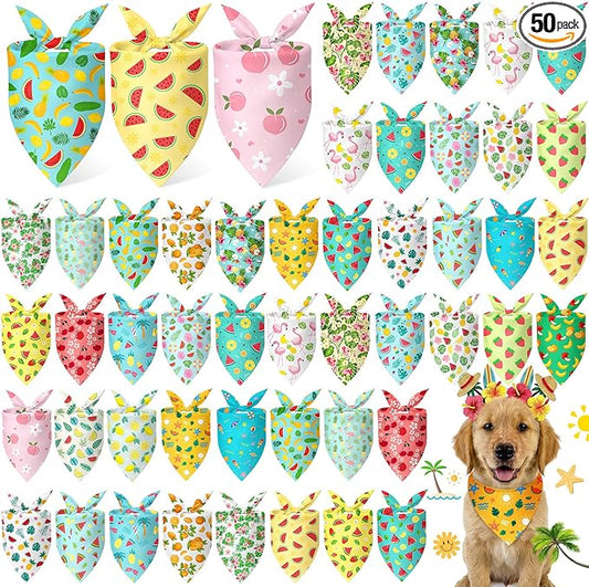 Abbylike 50 Pieces Summer Themed Dog Bandanas Bulk Hawaiian Dog Bandanas for Pets Triangle Kerchief Scarf Bibs Set for Summer Pets Dogs Party Costume Accessories, 25 Styles (19.7 x 13.8 x 13.8)