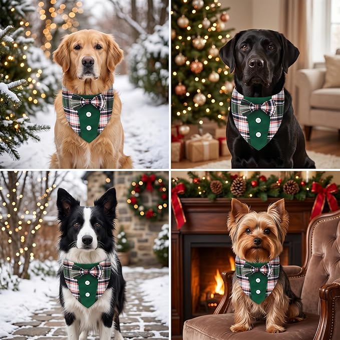 ADOGGYGO Christmas Green Dog Tuxedo Bandana, Plaid Pet Bowtie Collar, Adjustable Green Plaid Christmas Costume for Extra Small Dogs Cats (XS)