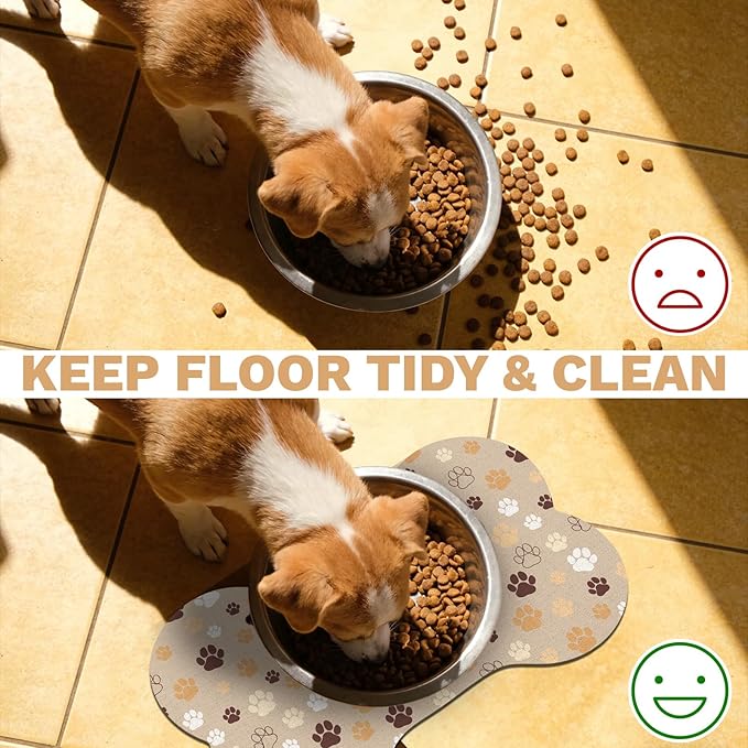 Pet Dog Cat Food Mat, Absorbent Bone Shaped Dog Bowl Mats for Food and Water, Non Slip Cute Dogs Cat Placemats Feeding Mat with Rubber for Floors Indoor Puppy Pet Accessories Supplies 16"x24" Khaki