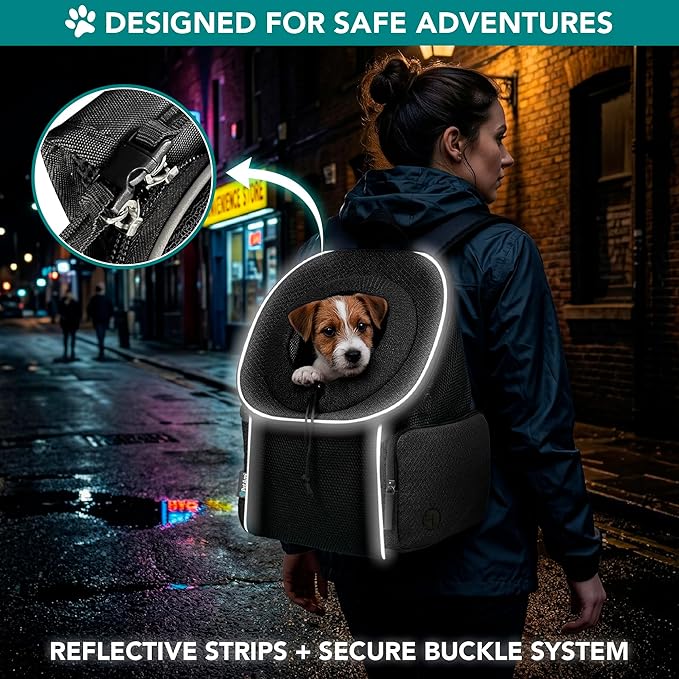 PetAmi Dog Carrier Backpack, Hands Free Front Pet Carrier for Small Cats Puppies, Adjustable Ventilated Reflective Pet Travel Bag for Hiking Camping Biking Walking, Up to 10 lbs, Black