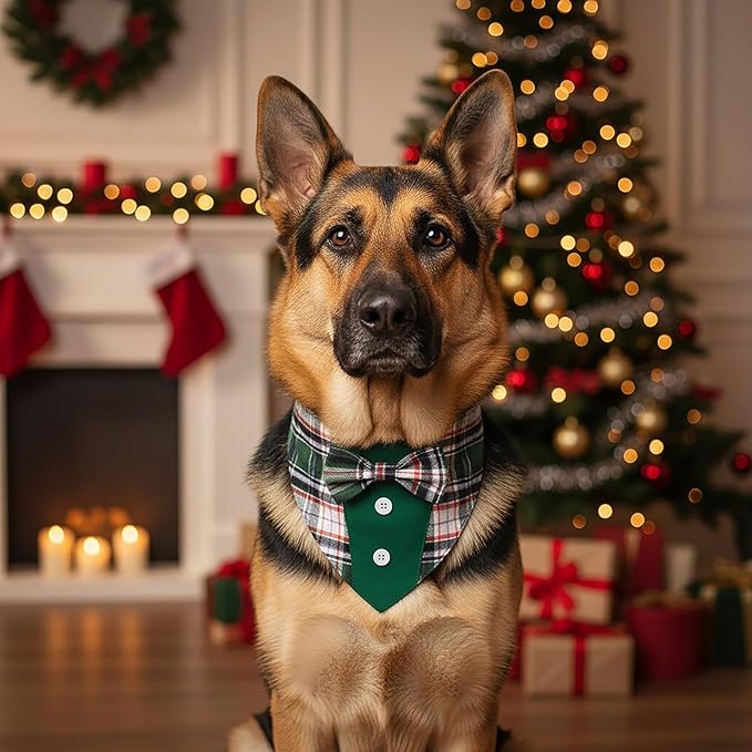 ADOGGYGO Christmas Green Dog Tuxedo Bandana, Plaid Pet Bowtie Collar, Adjustable Green Plaid Christmas Costume for Extra Large Dogs (XL)