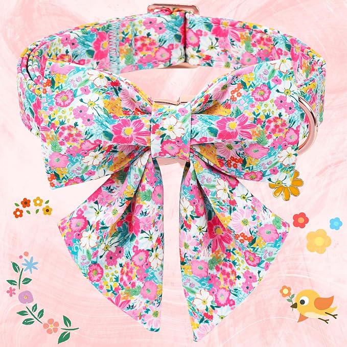 Floral Dog Collar for Girl Dogs, Spring Summer Pink Flower Dog Collar with Bowtie- Adjustable Female Sailor Bow Dog Collar for Large Dogs L
