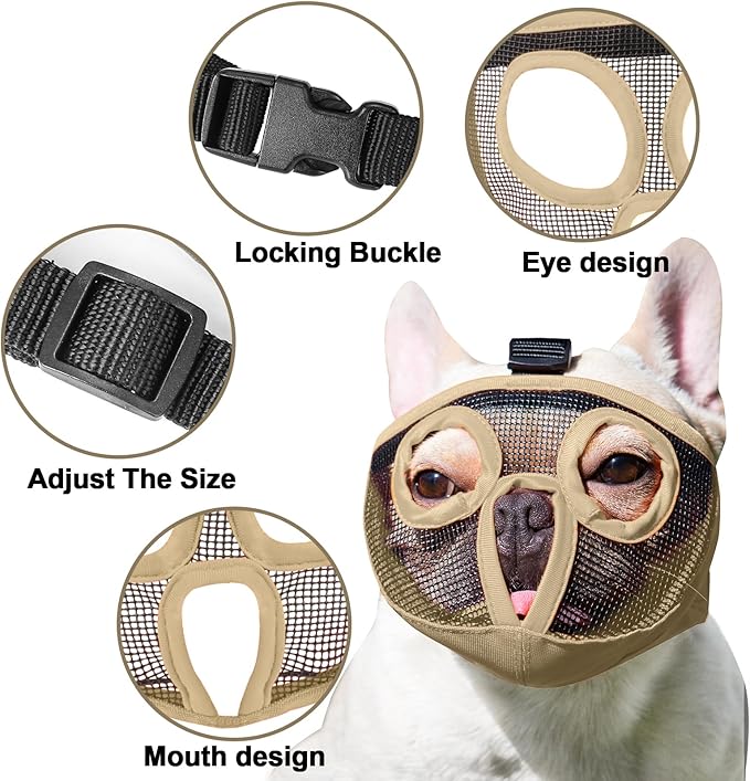 Short Snout Dog Muzzles- Adjustable Breathable Mesh Bulldog Muzzle for Biting Chewing Licking Training Grooming Dog Mask (Khaki, Large/15-25")