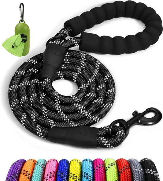Taglory Rope Dog Leash 4 FT with Comfortable Padded Handle, Highly Reflective Threads Leash and Anti-Tangle Clip for Walking Small Dogs, 3/8 inch, Black