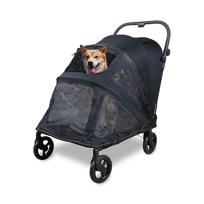 WonderFold PF Luxury FlatFold Pet Stroller Designed for Comfortable Elevated Everyday Walks - Black, Large (Up to 99 lbs)