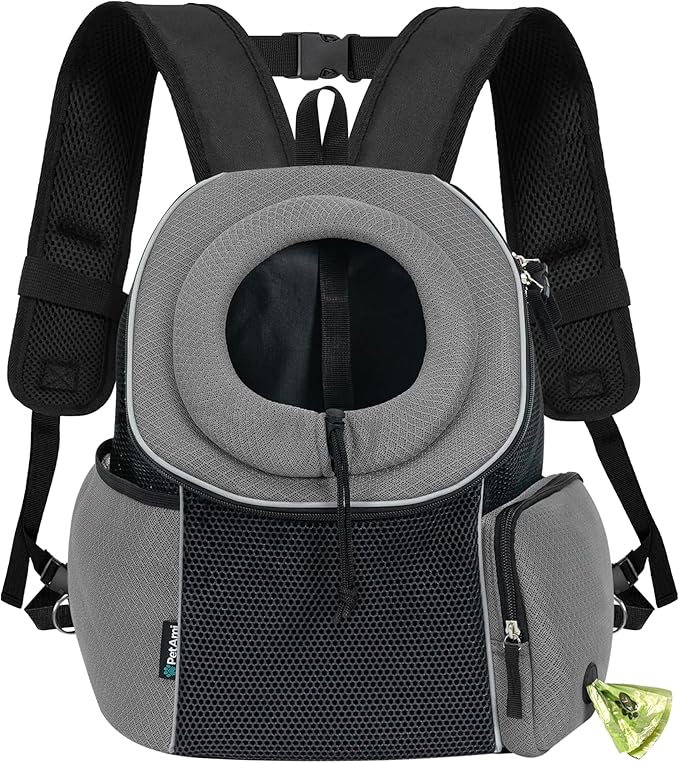 PetAmi Dog Carrier Backpack, Hands Free Front Pet Carrier for Small Cats Puppies, Adjustable Ventilated Reflective Pet Travel Bag for Hiking Camping Biking Walking, Up to 10 lbs, Gray