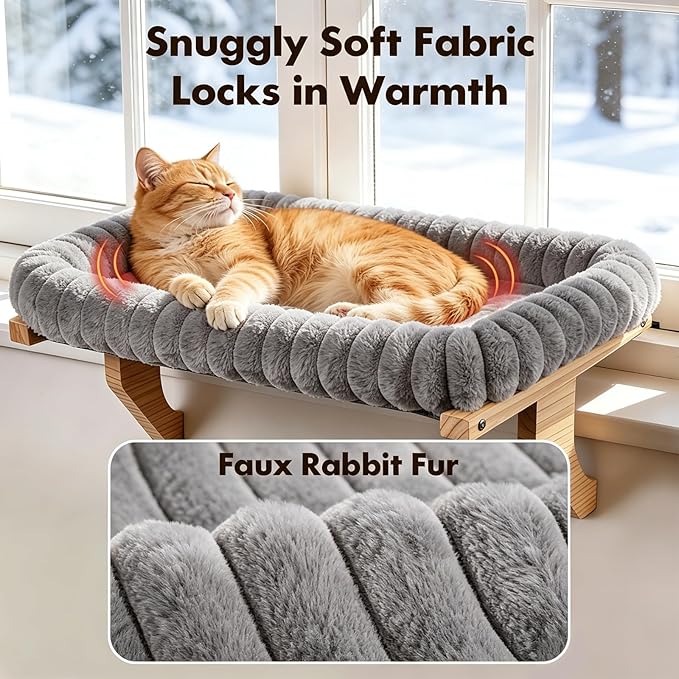 Zoratoo Cloud-Cuddle Cat Perch for Window Sill with Bolster, Natural Wood & Metal Frame Cat Window Seat for Large Cats, Easy to Adjust Zipper Cushion Pet Bed for Windowsill (Large, Gray)