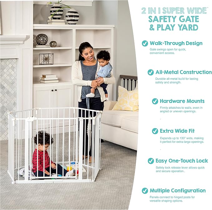 Regalo Safety 56"-130" Super Wide Baby Gate & Play Yard, 2-in-1 Adjustable Safety Gate for Doorways & Bottom of Stairs, Wall Mounted Room Divider, Includes Wall Mount Kit