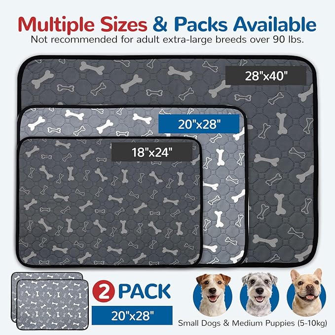 BAEJMJK Washable Dog Pee Pads 4-Layer Super Absorbent Puppy Training Pads Waterproof Non-Slip Leak-Proof Reusable Mats for Potty, Crate, Playpen & Travel(20"x28",Gray 2-Pack)