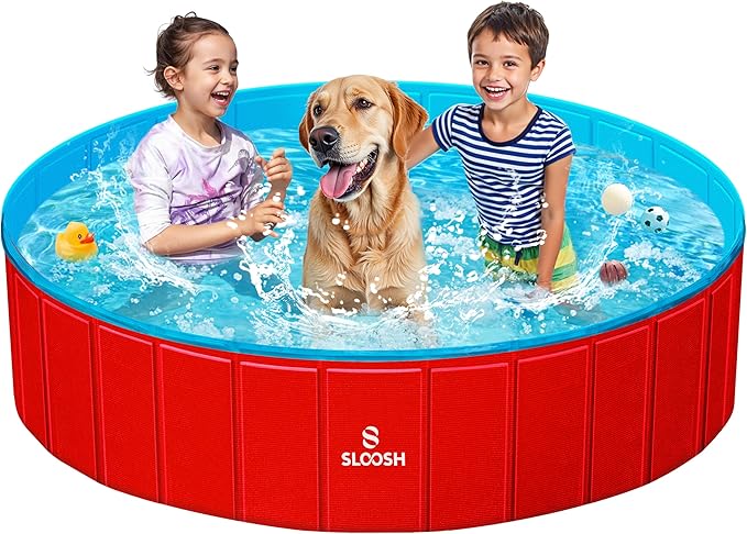 SLOOSH Foldable Dog Kiddie Pool - Portable Hard Plastic Doggie Swimming Pool, Anti-Slip Collapsible Pets Bath Tub Suitable for Kids Toddler Indoor Outdoor Backyard Use (Red, 63" x 12")