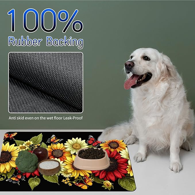 Dog Food Mat, 15.7" x 23.6" Absorbent Pet Feeding Mat for Food and Water, Waterproof Diatom Mud Pet Placemat with Non-Slip Rubber Backing, Easy Clean Cat Bowl Mat for Floors - Sunflower Red