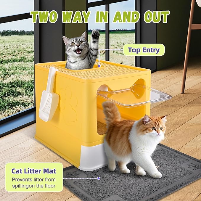 Covered Cat Litter Box with Litter Mat, Foldable Extra Large Dual Entry Adjustable Door, Drawer Design Enclosed Kitty Litter Box, Odor Control Anti-Splashing Easy Cleaning (Yellow)
