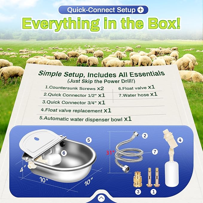 Automatic Animal Drinking Water Bowl with Float Valve, Standard Pipe, Stainless Steel Waterer Feeder Farm Dog Dispenser Kit Self Filling for Livestock Horse Goat Water Trough