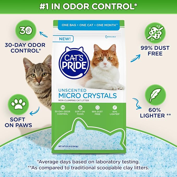 Cat’s Pride Micro Crystals Cat Litter, Non-Clumping, Unscented, 30-Day Odor Control, 99% Dust Free, Lightweight, Soft on Paws, 6.5lb Bag