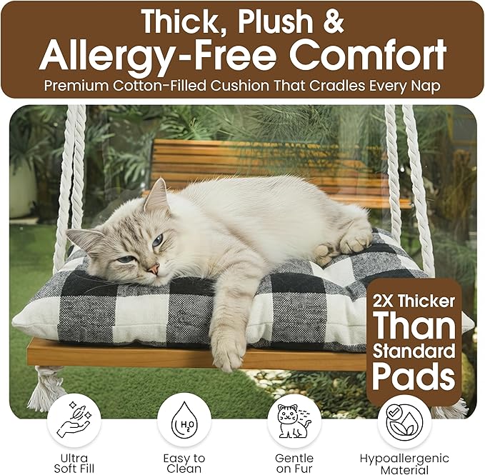 Cat Window Perch, Indoor Hammock Bed with Solid Pine Wood, 4 Industrial-Grade Suction Cups, Window Hammock with Soft Cushion for Cats, Space Saving Design