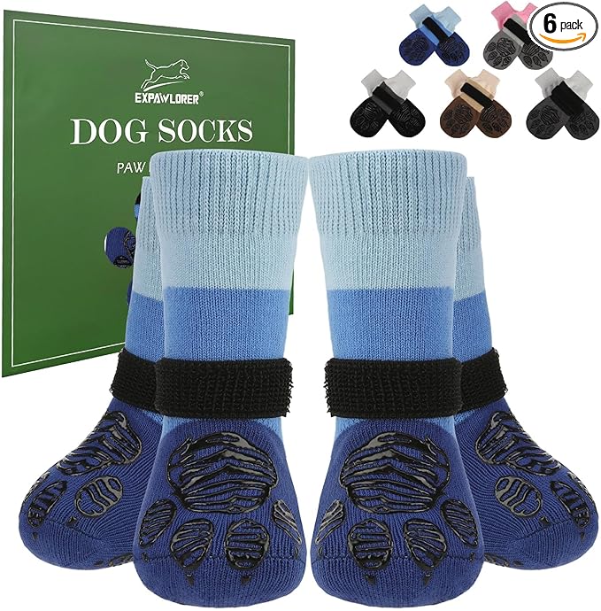 EXPAWLORER Anti Slip Dog Socks to Prevent Licking Paws, Dog Shoes for Hot Pavement, Dog Booties for Hardwood Floors, Dog Boots & Paw Protectors with Grippers for Small Medium Large Senior Dogs Blue M