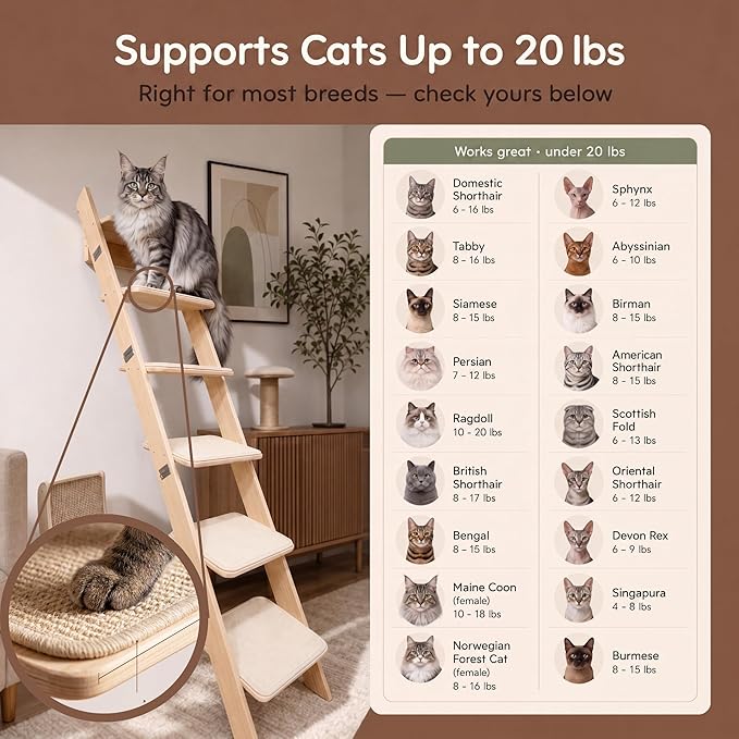 65" Tall 6-Level Cat Ladder for Window & wall | Fits Cats up to 20 lbs |Senior & Less Agile cat Stairs for Window with 55° Gentle Incline | Requires 43" Floor Clearance | No-Drill Glass Installation