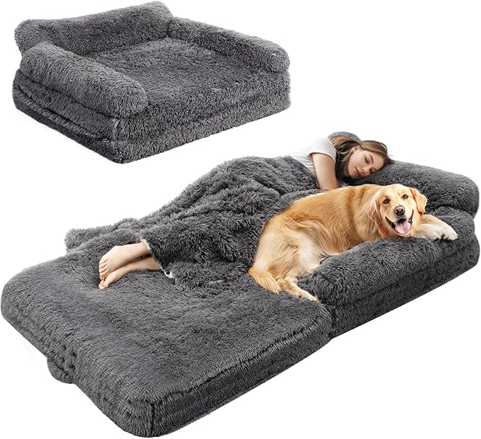 OtterOasis Foldable Human Dog Bed for Adults, Fluffy Human Sized with Blanket, Orthopedic Washable Dog Bed with Memory Foam and Water Repellent Liner for Pet (Grey, 72 * 44 * 10 inch)