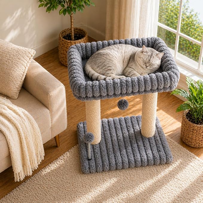 Cat Tree with Cat Scratching Post for Indoor Cats,Small Cat Tower with Soft Large Perch Bed Sisal Scratcher for Medium Cats and Kitten,Activity Play Centre Spring & Hanging Toy Balls,Grey