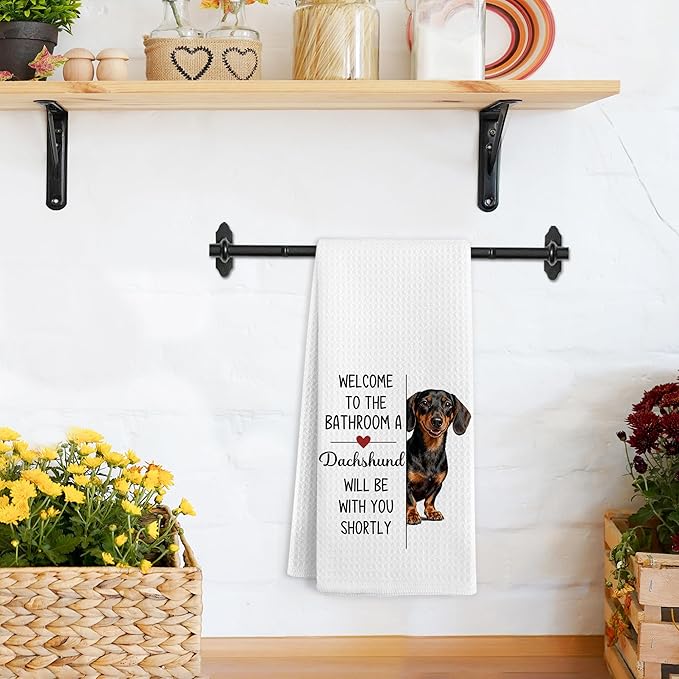 Funny Dachshund Dog Hand Towels for Bathroom, A Dachshund Will Be with You Shortly Hand Towels, Funny Weiner Dog Themed Dish Tea Towel for Kitchen Decor, Dogs Gifts for Women Men, 16x24