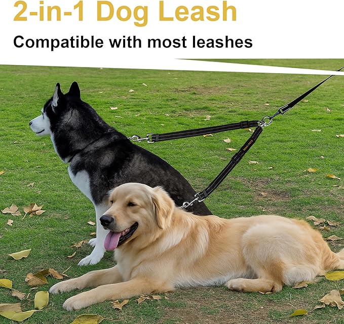 MingXpet Double Dog Leash for Two Dogs, No Pull Dog Leash, 360° Swivel No Tangle for Medium Dogs Walking & Training, Shock Absorbing Reflective Bungee, Black