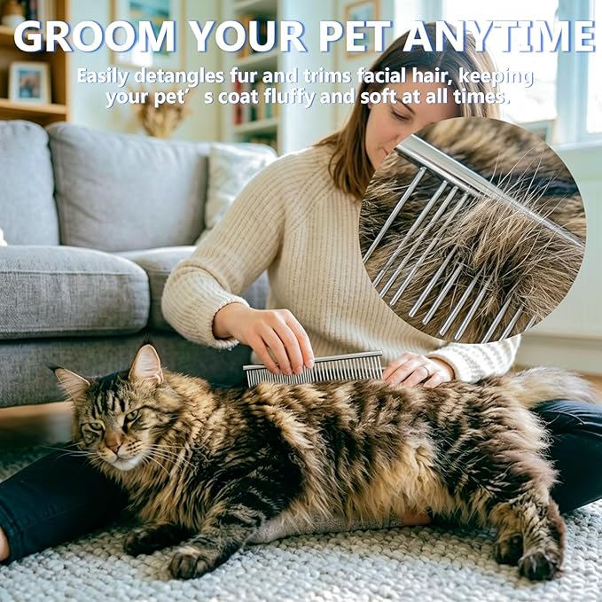 7 Pack Pet Grooming Comb Set, Stainless Steel & Plastic Dog Cat Combs, Rounded Teeth Detangling Comb, Tear Stain Cleaning Comb, Eye Hair Comb for Small Medium Large Puppy Kitten