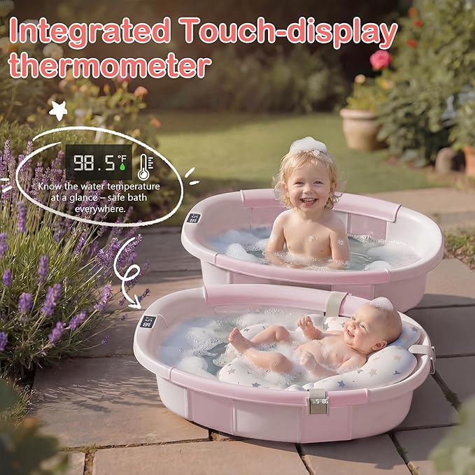 Collapsible Baby Bathtub - Large Baby Bath Tub with Thermometer | Bath Essential Bañera para Bebe Easy Fold Baby Tub | Travel Infant Newborn Toddler Bathtub for Baby Girl Boy 0 to 36 Months (Pink)