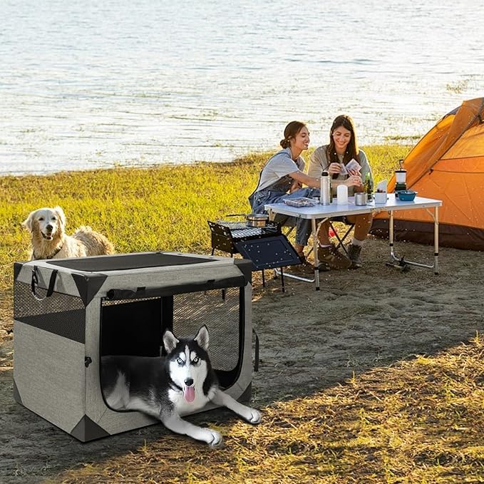 Zikopomi 30 Inch Portable Travel Dog Crate, 3 Door Collapsible Soft Pet Kennel with Durable Mesh Windows for Small and Medium Dogs, Foldable Dog Cage with Storage Pocket for Outdoor (Light Grey)