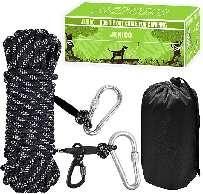 Dog Tie Out Cable for Camping - 50ft/70ft/100ft Portable Reflective Overhead Trolley System for Dogs up to 300lbs - Dog Lead for Yard Camping | Parks | Outdoor Events(Black)